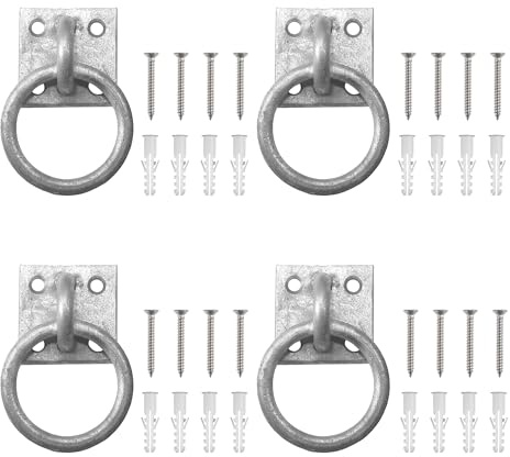 4Pcs Tie Rings for Horses, Tie Ring on Plate for Equestrian Horse Stables 30mm x 35mm Hot Dip Galvanised Ring Hay Nets Horse Pony Equestrian Universal Dog Animal Tether Stable Ring Hook