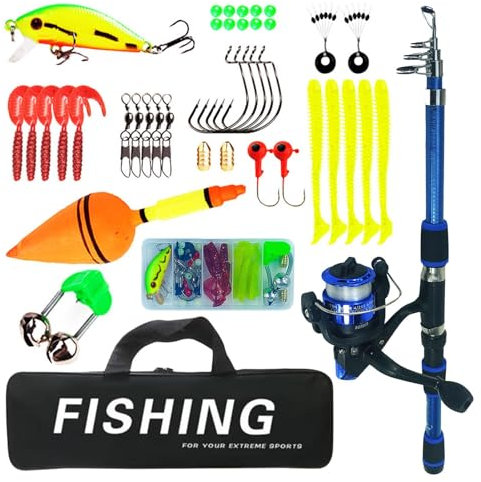 Angelset Für Kinder | Teleskop-Angelrute | Angelset Komplett| Kinderangel Einsatzbereit| Angelrute Set Kinder Mit Angelrolle Und Köder Set| Kinderangel Starter Set| Angel Zubehör Für Kinder|(Blue)