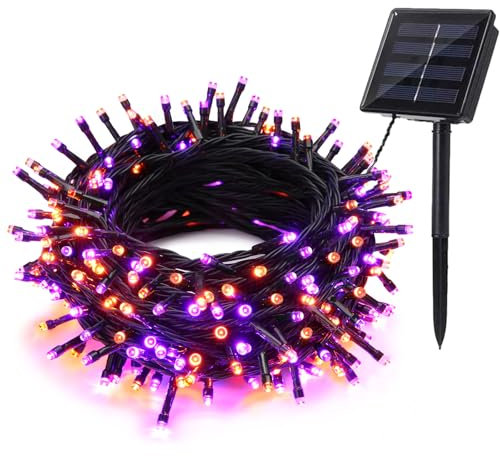 BrizLabs Halloween Guirlande Lumineuse Solaire Orange Violet, 20M 200 LED Noël Guirlande Solaire Exterieur Étanche 8 Modes Automne Décoration Éclairage pour Jardin Clôture Arbre Mariage Fête Horreur