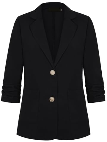 LADI TREND Blazer da donna a 3/4 con maniche increspate in cotone e lino, leggero, estivo, giacche eleganti con tasche con bottoni, B_nero, L