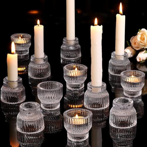 Azuritek 12pcs Clear Taper Candle Holders, Glass Candlestick Holders, Tea Light Candle Holder for Wedding Centerpieces Table Decorations, Votive Candle Holders for Party Supplies and Home Decor