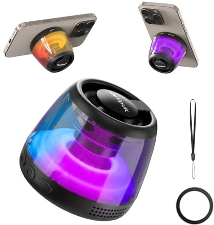 heetipuk Altoparlante Bluetooth Magnetico, Mini Cassa Bluetooth Portatile con Supporto per Cellulare, 7 Ore di Riproduzione, 5W Altoparlante, TWS, Luce RGB, TF, Anello Magnetico e Laccetto Inclusi