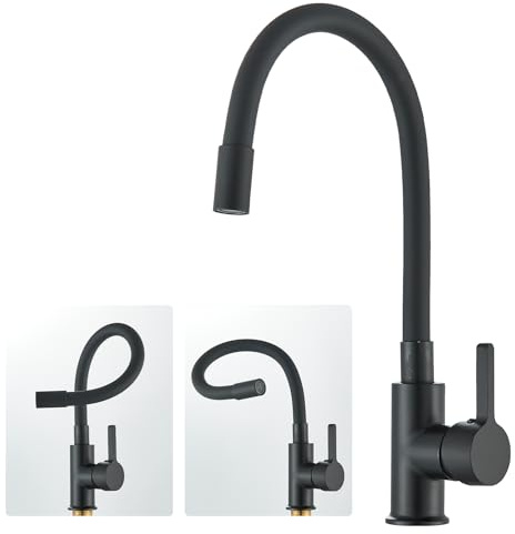LLFFSSDG Wasserhahn Küche Schwarz Hochdruck Küchenarmatur mit Flexiblem Schlauch, Mischbatterie Küche 360° Schwenkbar Edelstahl Spültischarmatur Küche, Robustes Mischbatterie Einhebelmischer