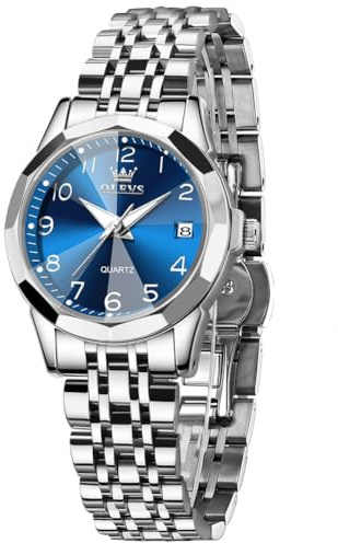 OLEVS Silber Damenuhren Metallarmband Elegante Wasserdicht Armbanduhren für Damen Arabische Ziffern Edelstahl Uhr Damen Klein Blau Zifferblatt Quarz Analog Uhren Frauen mit Datum Leicht zu lesen