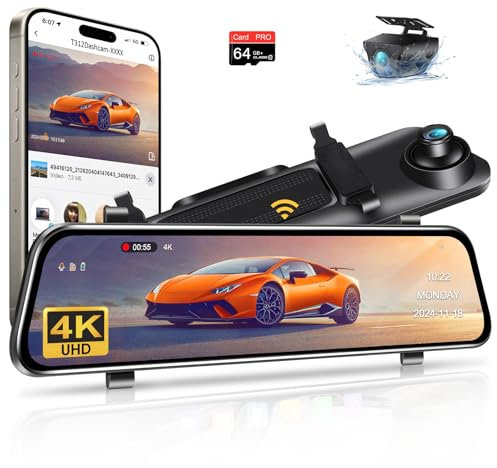 Limited Time 12'' 4K Mirror Dash cam Front and Rear View Mirror Camera WiFi 2160P Car Rearview Mirror Dashcam Dash Camera with Waterproof Reversing Camera WDR Night Vision Parking Assistance 64GB Card