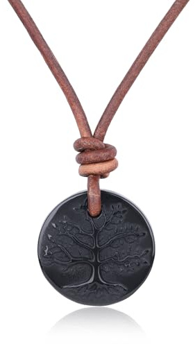 COAI Collar de Cuero Italiano Genuino para Hombre y Mujer, Collar con Colgante Árbol de la Vida de Obsidiana 55cm