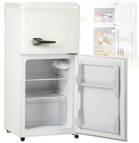 Combinación de frigorífico y congelador retro: refrigerador de dos puertas de 38 L, compartimento congelador de 22 L de 4 estrellas, capacidad útil de 60 L, iluminación interior LED,White