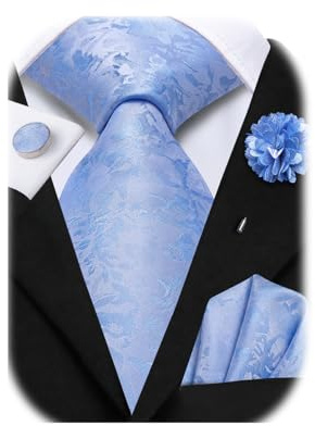 Hi-Tie Sky Blue Flower Mens Ties Silk Dress Ties for Men Necktie and Pocket Square Cufflinks Lapel Pin Set for Wedding