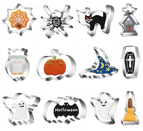 Cortadores de Galletas Halloween UTXN, 12 Piezas de Acero Inoxidable - Formas: Calabazas, Murciélagos, Fantasmas, Gatos, Estrellas, Lunas, Arañas - Para Repostería y Fondant