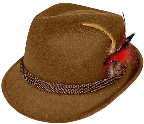 Oktoberfest Hat Brown Traditional Alpine Fedora Hats German Bavarian Hat with Feather Adults German Bavarian Beer Festival Hats for Oktoberfest Fancy Dress Accessories