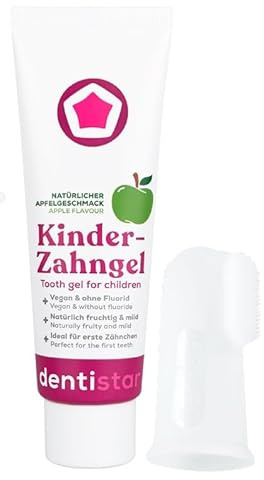 dentistar 2-in-1 Mundpflegeset für Babys ab 6 Monate - 40 ml Baby Zahnpasta mit Apfelgeschmack und Fingerzahnbürste aus Silikon - ohne Fluorid, vegan und BPA-frei