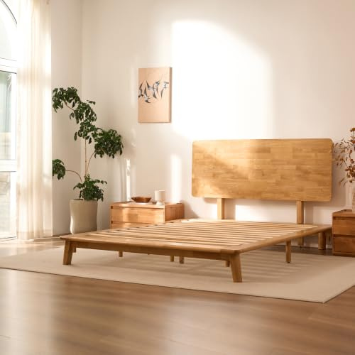 FLEXISPOT Solid Wood Bed Frame, RUBBERWOOD, Tool-Free Assembly, Platform Bed Low Profile Floating, Storage Shelf, Modern Scandinavian Japanese Minimalist, Heavy Duty, Natural Oak（HAKO G1
