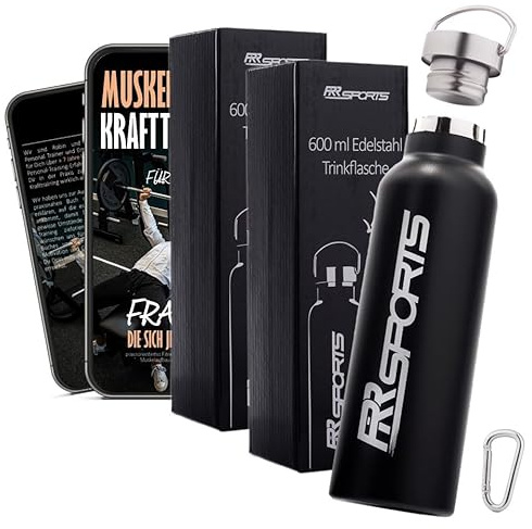 RR Sports - Edelstahl Trinkflasche 2er Set spülmaschinenfest 600 ml, Sport Edelstahlflasche plastikfrei & BPA frei Fitness & Fitnessstudio, Flasche auslaufsicher, isoliert, Fitnessflasche schwarz