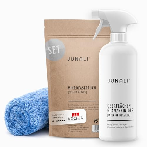 JUNALI Glossy Set, Oberflächen Glanzreiniger & Mikrofasertuch, Pflege für Hochglanz Küchen und Arbeitsplatten (1x 500 ml + Tuch)
