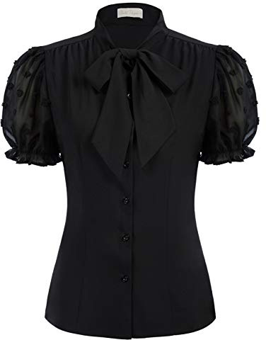 Women's Vintage Bow Tie Neck Bishop Sleeve Black Chiffon Blouse Top,Black,L