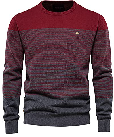 BeerMmay Herren Pullover - Gestreifter Kontrast Rundhals Pullover, Schmaler Casual Top, 3XL, Rot