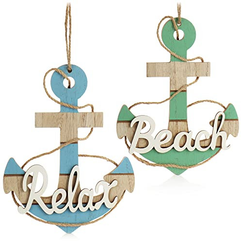 COM-FOUR® 2x decorazione da appendere in legno - insegna per porta nel design dell'ancora - decorazione da parete vintage marittima - appendiabiti decorativo (2 pezzi - ancora verde-blu)