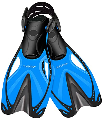 Supertrip Kids Snorkel Fins, Swim Fins for Lap Swimming, Adjustable Short Flippers, Travel Size Diving Fins Scuba Fins, Snorkeling Gear for Kids Boys Girls Age 6-14