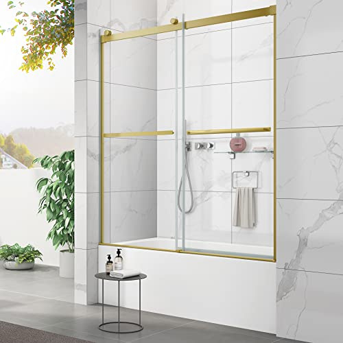 Sunrosa Tub Shower Door 60×60, Double Sliding Bathtub Door, Frameless Tub Door with Tempered Glass, Glass Shower Door for Bathtub in Brushed Gold
