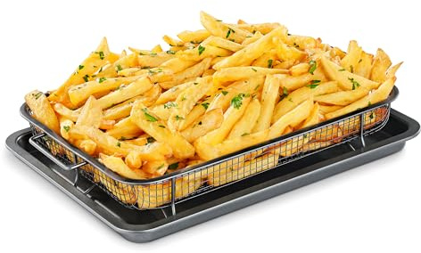 Bakken Swiss Air Fryer Tray, 2 in 1 Nonstick Crisper Air Fry Basket w/Elevated Mesh Great for Oven, Dishwasher Safe – Ceramic Coating PTFE/PFOA/PFOS FREE Extra-large (9.5x13, Gray)