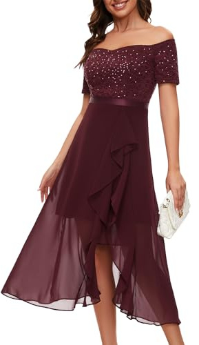 Berylove aftonklänning dam, lång glitterklänning, cocktailklänning elegant för bröllop, off shoulder-klänning, balklänning, Burgund, L