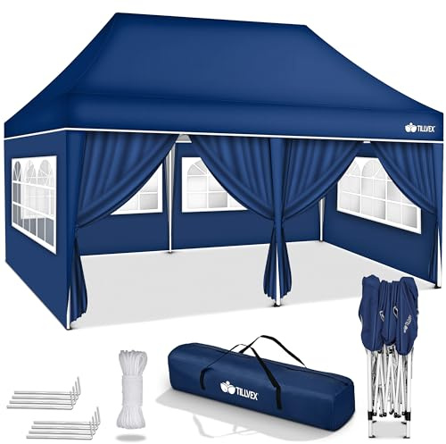 tillvex Tonnelle étanche 3 x 6 m pliable pop-up réglable en hauteur | Tente de jardin, protection UV 50+, tente de réception avec sac (bleu, avec 6 panneaux latéraux)