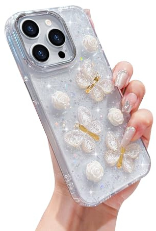 L-FADNUT för iPhone 15 Pro, lyxig, söt 3D-fjäril, blommig design med vackert gnistrande glitter, stjärnor, klart fodral, stötfångare, flickor, kvinnor, telefonfodral för iPhone 15 Pro, transparent