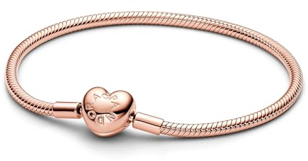 PANDORA Moments snake link bracelet with heart clasp made of sterling silver with rose gold-plated metal alloy, compatible with Moments, size: 23, 583050C00-23