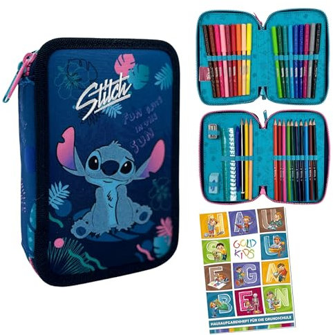 Goldkids - Federmäppchen 2 Fächer - Mäppchen für Mädchen und Jungen - Federmappe 2-Fach Federtasche Gefüllte Schüleretui 35-teilig - Schulmäppchen und Hausaufgabenheft - Stitch Motiv