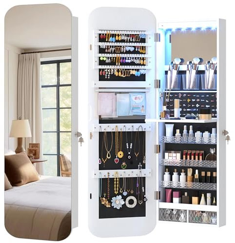 Vlsrka LED Ovaler Schmuckschrank Hängend, Türspiegel/Wandspiegel Schmuckschränk, Schmuckschrank mit Spiegel und Beleuchtung, Schmuckspielgelschrank Holz Abschließbarer, Gewölbter Spiegelschrank, Weiß