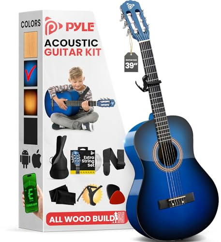 Pyle Classical Guitar Starter Kit - 39 4/4th Size All Wood Instrument with Capo, Gig Bag, Strings, Strap, Picks (Blue Gloss)