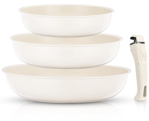 FOHERE Padelle Antiaderenti con Manico Removibile, Set 3 Padelle Ceramica 20/24/28 CM, Induzione Per Tutti I Piani Cottura, Lavabile in Lavastoviglie e Forno, Alluminio, Beige