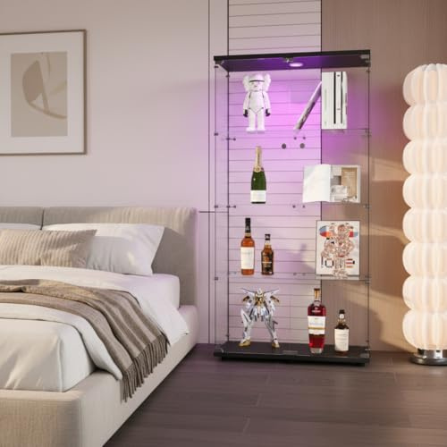 WOBOPCG Vitrina de vidrio, vitrina de vidrio con iluminación LED, mueble de vidrio, vitrina moderna de pie para salón, oficina, piezas de colección, libros, vino (4 niveles 2 puertas)