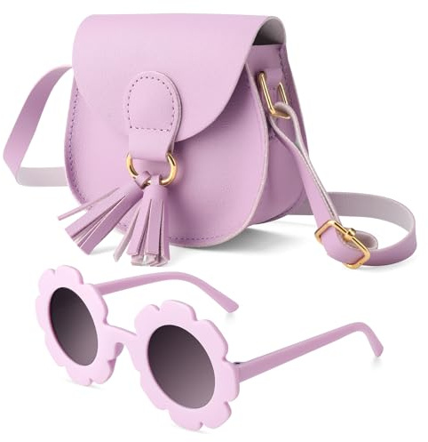 ViEinkaufen Little Girls Handbag with Kids Sunglasses, Purple Kids Handbag, Cute Handbags for Girls with Tassel Pendant and Adjustable Shoulder Strap, Toys for 3 4 5 Year Old Girls
