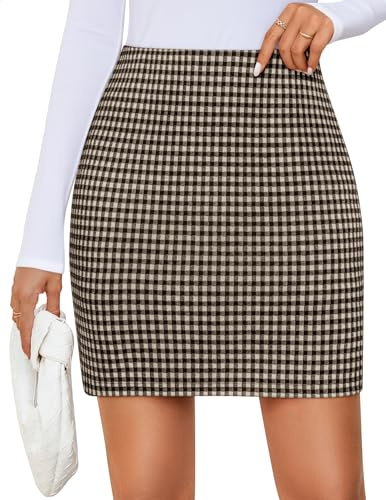 ZESICA Plaid Mini Skirt for Women 2026 Fall Winter High Waist A Line Bodycon Pencil Skirts Trendy,Mocha,Medium