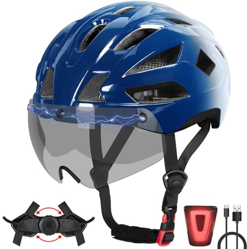 BOTHLIKE Bike Helmet Adult for Men Fit 22.8- 24.4 , Lightweight Bicycle Helmet with LED Light & Magnetic Goggles, USB Charging Cable Included, Cycling Helmet for Adult, Blue
