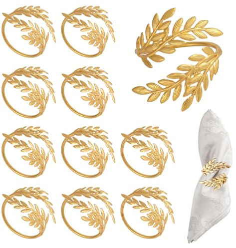 Gosknor 12pz Anelli per Tovaglioli Oro di Grano, Portatovaglioli in Metallica a Forma di Dorati Foglia Eleganti Decorazioni la Tavola per Matrimoni Feste Pasqua Primavera Banchetti Decorazione