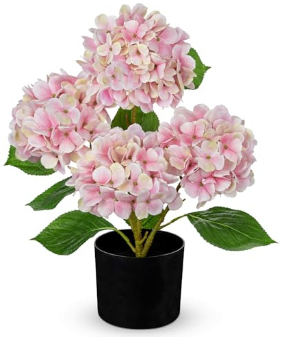 Hollyone konstgjord hortensia i kruka, rosa hortensior konstgjorda blommor med 4 blomhuvuden Dekoblomma med kruka silkesblomma för hus badrum kontor bordsdekoration