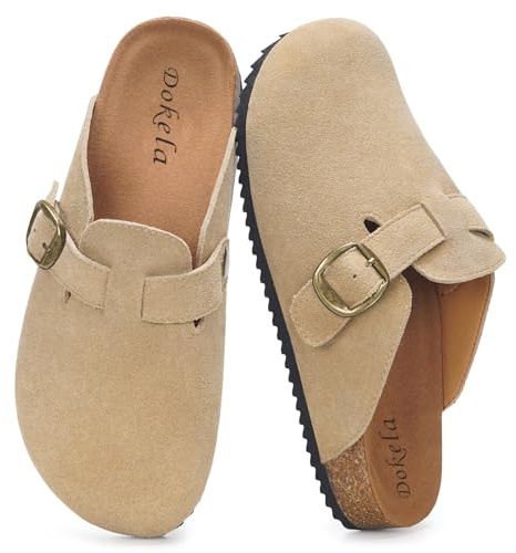Suede Clogs for Women Men Soft Cork Footbed Leather Mules Comfort Slippers | Arch Support, Anti-Slip, Adjustable Buckle