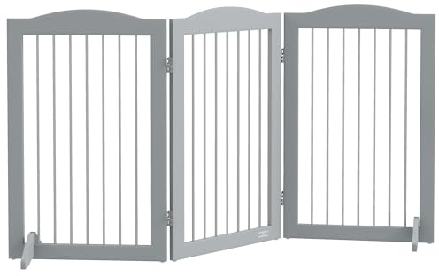 PawHut Barrera de Seguridad para Perros Plegable para Escaleras y Puertas Valla para Perros Pequeños y Medianos de 3 Paneles con Soporte de Pie para Interiores 154x30x80 cm Gris