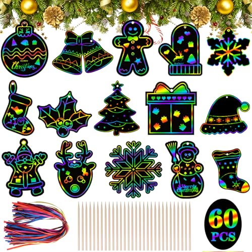 Koxtyzo 60 Pièces Noël Carte à Gratter Enfant, Dessin a Gratter de Noël, Kit de Scratch Art avec 60 Rubans Colorés et 30 Stylos en Bois, Bricolage Décoration Sapin de Noel