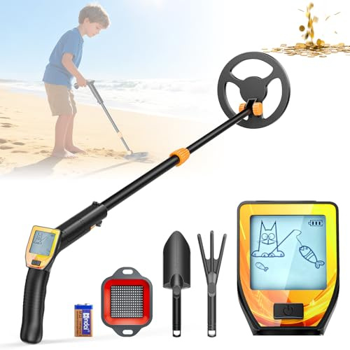 Detecteur Metaux Enfant, Léger Detecteur de Metaux Enfant avec Tige Réglable de 66 à 83 cm, écran LCD et Disque de Recherche étanche, Détecteurs de Métaux pour Enfants avec Pelle, Râteau et Tamis