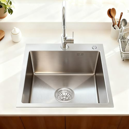 38x38 cm Évier en acier inoxydable, évier de cuisine avec 1 bassin et siphon - Ensemble couleur acier