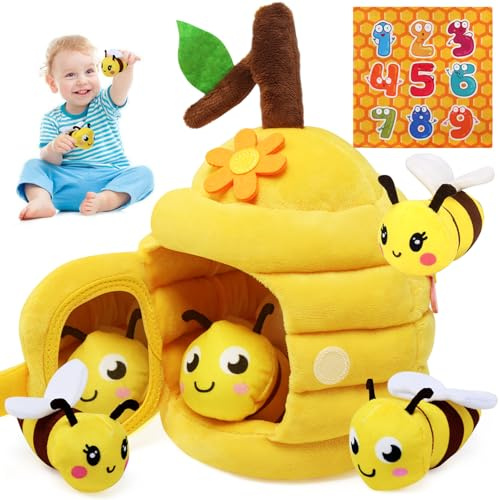 LEADSTAR Jouet Bebe 6 Mois, Jeux Montessori Eveil Bebe 6-12 Mois, Ruche en Peluche avec 5 Abeilles Miroirs, Jouet Sensoriel Educatif Jeu Bébé Cadeau pour Fille Garcon Fille Enfant 1-3 Ans