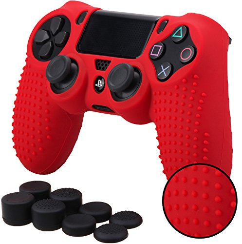Pandaren® STUDDED silikonskal halkskydd för PS4/SLIM/ PRO-kontroll x 1 (röd) + FPS PRO tumgrepp x 8