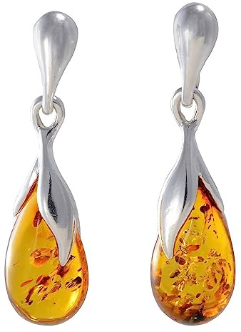 GIA Certified Baltic Honey Amber Teardrop Earrings “Tina” in 925 Sterling Silver – Genuine Natural Amber Post-Back Dangle Earrings for Women with Certificate & Velvet Pouch