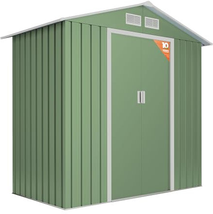 Wasabi - Caseta Jardín Exterior 2,57 m2 Light Green – 4 Rejillas Anticondensación – Verde y Beige - Puerta Corredera Doble – Techo a Dos Aguas - Cobertizo de Metal Almacenaje Exterior