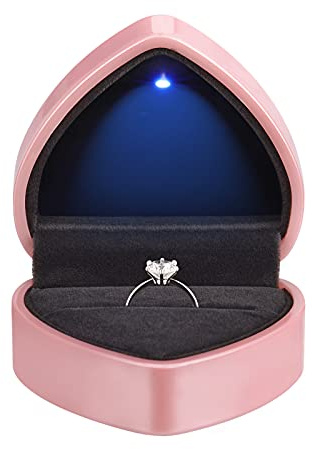 LETURE Heart Shaped Ring Gift Box with LED Light, Velvet Earrings Jewelry Case with Light, Jewellry Display Box for Wedding, Engagement, Proposal, Birthday and Anniversary (Pink)