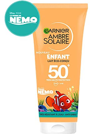 GARNIER Ambre Solaire - Latte protettivo per bambini, SPF 50+, protegge dai raggi UVA e UVB, impermeabile e senza sabbia, aloe vera naturale, vegan e Cruelty Free - viso e corpo - 100 ml
