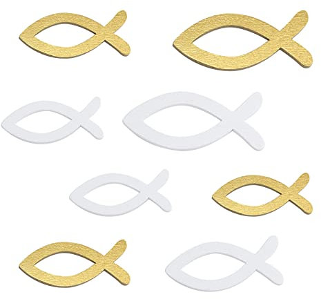 FEPITO 100 Holz Fisch Deko Fische Weiß Gold Streudeko Tischdeko für Taufe, Kommunion und Konfirmation Junge Mädchen Taufedeko